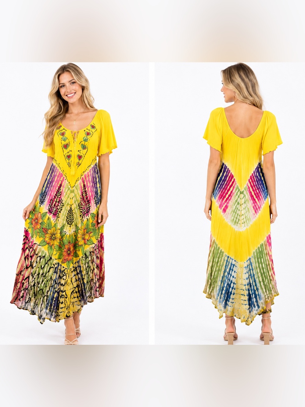 Vibrant Yellow Floral Tie-Dye Maxi Dress